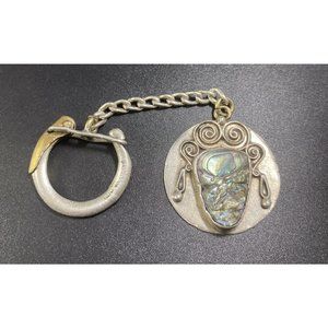 DF Mexico 925 Tribal Face Key Ring MOP Abalone Inlay Vtg Signed